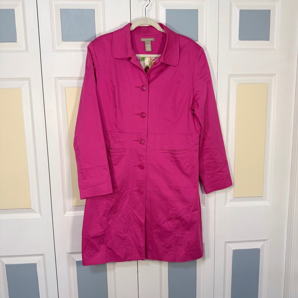 Fieldgear Pink Cotton Blend Floral Lined Button Front Trench Coat Womens XL